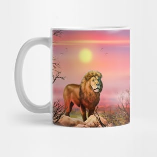 Lion king a wild animal. Sunset Wild African lion in nature. Retro style. Realistic Oil painting illustration. Wildlife Hand Drawing poster Mug